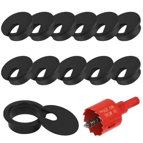 Flintronic 12 Stück Kabeldurchführung Schreibtisch, 35mm Kabeldurchlass mit 1 Lochsäge 60mm, Kabeldurchlass Kabelauslassdose, Schreibtisch Kabellochabdeckungen, für Tisch Büro Schreibtische, Schwarz