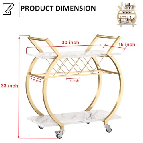 Image of LVB Gold Bar Cart with Wheels, Modern White Marble Home Bar Serving Cart | Drink Cart with Wine Rack, Metal Wooden Beverage Cart, Rolling Kitchen Cart for Home Dining Room,Gold White Marble