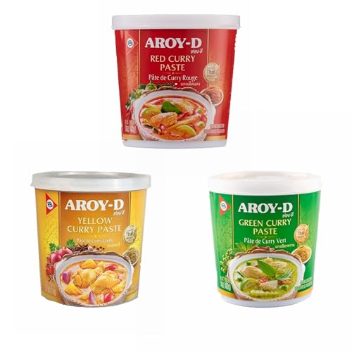 YIJIA | PACK 3x400gr Salsa Curry en pasta Tailandés (Rojo, Amarillo, Verde) - Aroy-D Salsa Curry de Tailandia Original