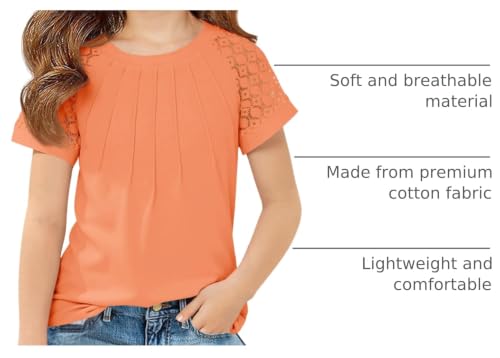 Image of Girls Pleated T Shirts Kids Fashion Lace Sleeve Summer Tops Casual Crewneck Blouse 5-14 Years
