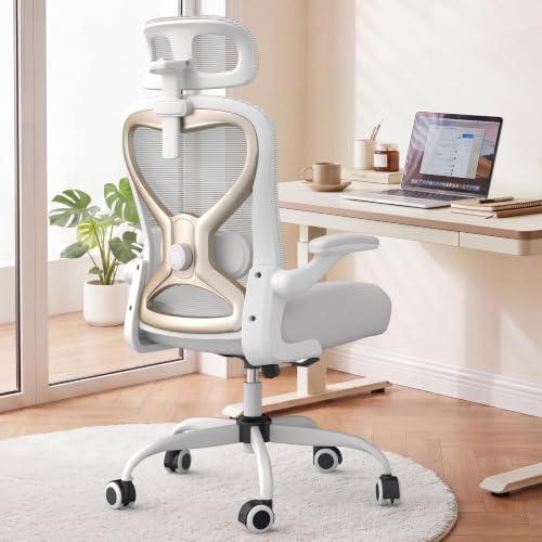 Image of Ergonomic Office Chair for Long Hours and Back Pain Relief, Space-Saving Design with Adjustable Lumbar Support, Flip-Up Arms, 3D Headrest, Tilt & Rock, 330 LBS, White /Gold