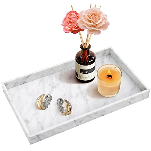 JESSILIN HOME Italian Natural Marble Tray, Vanity Tray, Serving Tray, Decor Tray for Kitchen, Bathroom, Carrara White 12x 7X 1.2inch