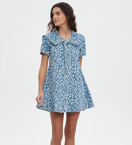D-Sun Women's Denim Mini Dress Summer Short Sleeves Leopard Print Denim Babydoll Dress Navy Collar A-Line Jean Dresses2