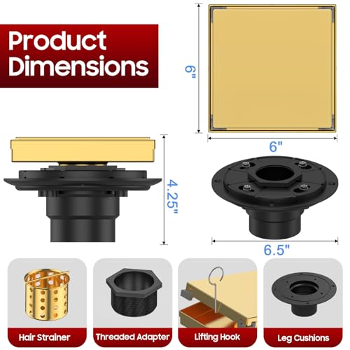 Image of DLONE Shower Drain | 6 Inch Brushed Gold with Tile Insert Panel