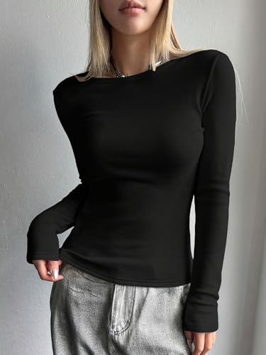 Ekouaer Women Long Sleeve Shirts Ruch Side Thermal Tops Crew Neck Layering Undershirts Stretchy Slim Fit Basic Tees2