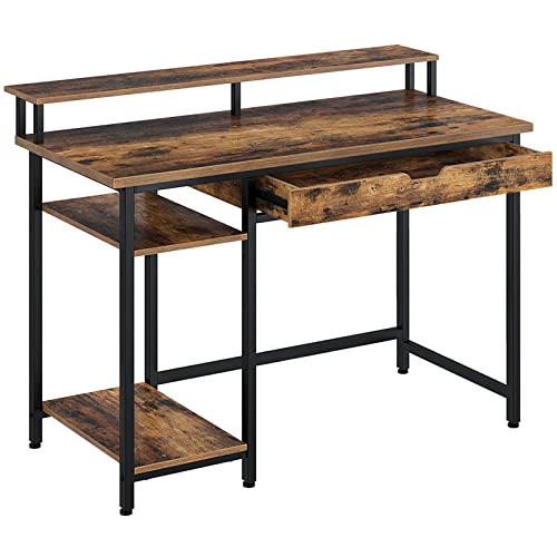 Rolanstar Escritorio de ordenador con soporte para monitor y cajón, escritorio de 47 pulgadas, mesa de estudio, estación de trabajo, marco de metal estable, color marrón rústico Cover