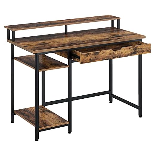 Rolanstar Computer Desk with Monitor Shelf and Drawer, 39" Home Office Writing Desk, Study Table Workstation, Stable Metal Frame, Rustic Brown