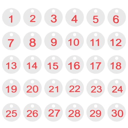 PATIKIL 1-30 Numbers Tags Plastic Round Numbered Marking Identify ID Key Hang Tag for Dormitory Key Chain Box Gym Cabinet Locker, White with Red Text