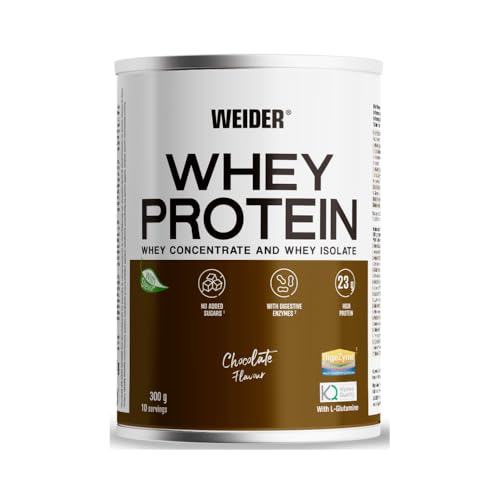 Weider Whey Protein (300g) Geschmack Schokolade Whey Protein aus Konzentrat und Isolat 23g/Portion mit Verdauungsenzymen, L-Glutamin Kyowa Qualität und Stevia ohne Zuckerzusatz 10 Portionen