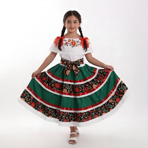 Vestido tradicional mexicano para niñas verde miniatura 2