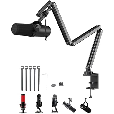 KU XIU Aluminum Alloy Boom Arm Microphone Stand for Desk, Three-Section Adjustable Mic Arm Mount with Cable Management Channels for Desktop Podcasting, Recording, Streaming, Gaming, Home Office-Gray Cover