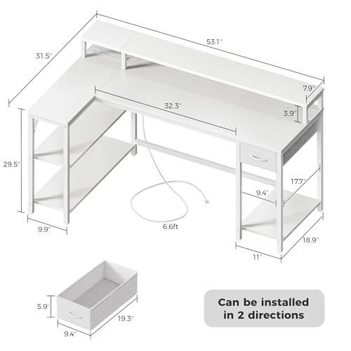 Image of SUPERJARE 53 inch Reversible L Shaped Desk with LED Lights & Power Outlets, Computer Desk with Shelves & Monitor Stand, Gaming Desk with Drawer, Home Office Desk Corner Desk, PU White Drawer