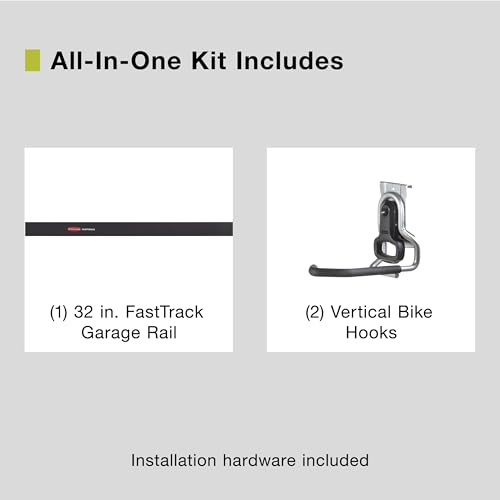 Image of Rubbermaid FastTrack Garage Storage Bike Storage Kit, 3 Piece, All in One Rail Hook Kit Organizer, Heavy Duty Organization for Home /Garage /Wall /Shed
