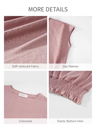Image of Women's Summer Short Sleeve Eyelet Tops Daily Casual Crewneck T Shirts Elastic Waist Smocked Blouses