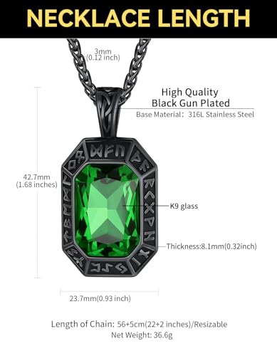 Image of ChainsHouse Viking Rune Pendant Necklace for Men Women, Punk Biker Black Metal /316L Stainless Steel Onyx Norse Vintage Amulet Necklaces with Black /Red /Green /Blue Gemstone, Send Gift Box