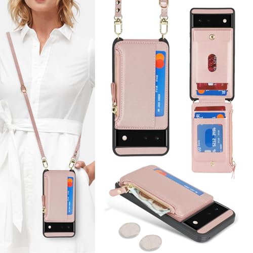 Étui portefeuille Pixel 6 pour femme avec poche en cuir fermeture éclair et sangle