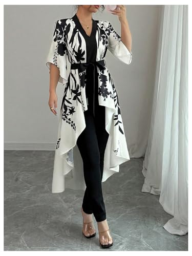 MakeMeChic Women's Floral Bell Sleeve Blouse V Neck High Low Tie Front Work Dressy Tops2