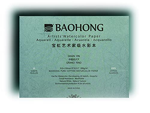 BAOHONG Artists Watercolor Paper Block (20 Sheets glued on Four Edges) 100% Cotton Acid-Free 140LB/300GSM Watercolor Art Supplies for Wet Dry and Mixed Media Painting (Cold Press 9X12.2)