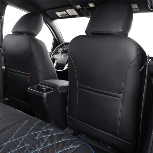 Image of EKR Custom Fit Tacoma Front Car Seat Covers for Toyota Tacoma 2016 2017 2018 2019 2020 2021 2022 2023 Double Cab /Access Cab - Front Row Only, Faux Leather(Black with Blue Trim)