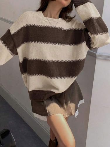 chouyatou Women's 2025 Contrast Striped Sweaters Y2k Vintage Pullover Sweater Slouchy Knit Jumper Tops2