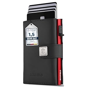 Scofield® Slim Wallet Ι Card holder Ι Mini Geldbörse Ι Platz für bis zu 12 Karten Ι Kartenetui Ι Kreditkartenetui mit RFID Schutz Ι Geldbeutel Ι (Black Leather / Red Case / kein Münzfach)