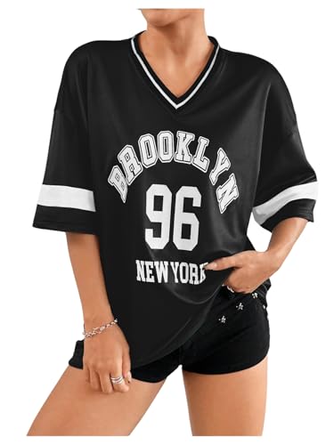 SOLY HUX Women's Jersey Shirts Letter Graphic Oversized Tees V