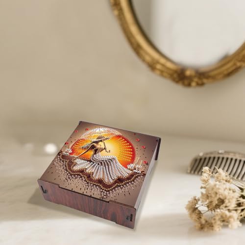 Image of AiYuanzsh DIY Diamond Art Storage Box, Sunset Lady Design Wooden Diamond Painting Case with Flip-Top Lid and 4 Divided Compartments, Desktop Craft, Jewelry and Accessories Supplies Storage Container