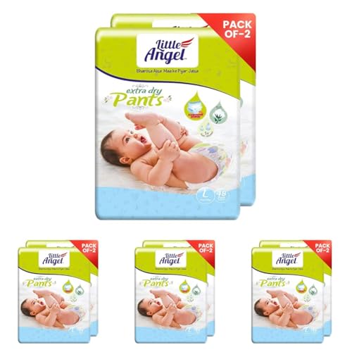Image of Little Angel Extra Dry Baby Pants Diaper, Large (L) Size, 96 Count, Super Absorbent Core Up to 12 Hrs Protection & Wetness Indicator, 8-14kg (48 count /pack, Pack of 8)