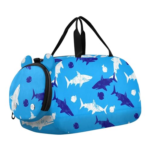 Sharks Fish Blue Kids Travel Duffel Bag for Boys Girls Overnight Weekend Tote Bag with Shoes Compartment for Beach Swim Trip