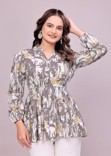 Image of NEW Women's Stylish Brown Polka Dot Crepe Fabric Tunic Top | Full Sleeves Collared Neck Peplum | Flared Fit Trendy Ladies Top