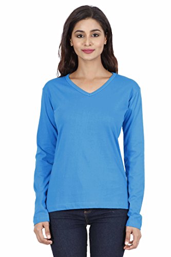 Image of FLEXIMAA Women's Cotton Plain V Neck Full Sleeve T-Shirt