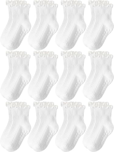 Image of Baby Toddler Girls Socks Grip Ruffle Non Slip Kids Cotton 12 Pack Socks | Premium Soft Cotton,Full Anti-Slip Grips,6 Month-7T Grippy Crew Socks for Girls,Daily School All Season Wear,Cute Ruffle Edge