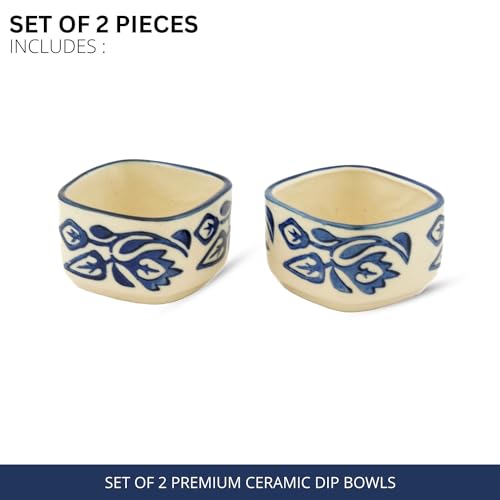 Image of Freakway Hand Painted White Ceramic Dip Bowls | Bowls Set of 2, 40Ml | Bowl for Serving Chutney Bowl /Pickle Bowl /Small (BLU & WHT)