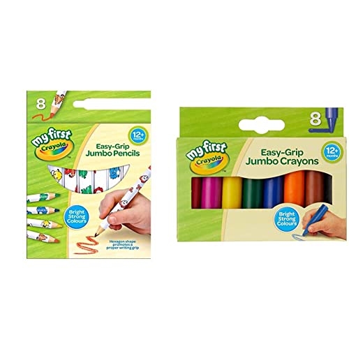 CRAYOLA MyFirst Jumbo Colouring Pencils - Assorted Colours (Pack of 8) & MyFirst Jumbo Crayons - Assorted Colours (Pack of 8) | Easy-Grip Colouring Crayons Perfect for Toddlers Hands