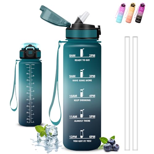 Botella Agua Gimnasio, Botella 1 litro, A Prueba de Fugas, Cantimplora con Pajita, Reutilizable, Water Bottle con Eslogan Motivador, Cantimplora para la Fitness, Senderismo, Acampada, Ciclismo, Correr