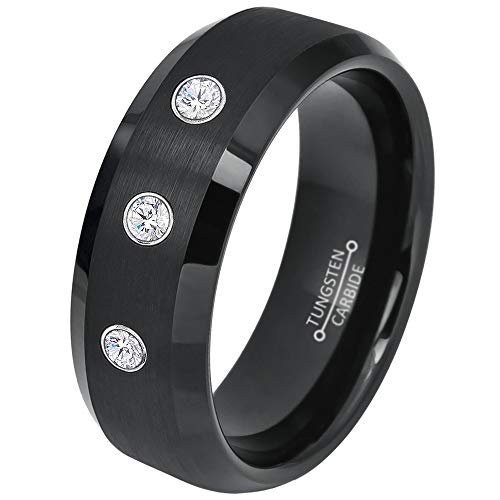 0.21ct Diamond 3-Stone Tungsten Ring - April Birthstone - 8MM Dome Black Ion-Plated Flat Brushed Finish Center Beveled Edge Comfort Fit Unisex Wedding Anniversary Band