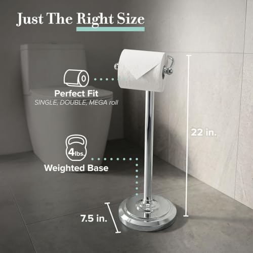 Image of Gatco 1436C Toilet Paper Holder Stand, Chrome Finish, Freestanding Bathroom Floor Stand, Pedestal, Weighted Base, 22 Inch