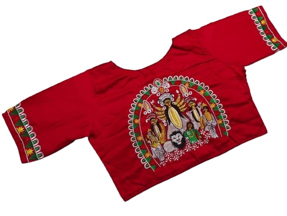 Durga Puja Special Embroidery Durga Face Blouse, Pure Cotton, Red, Traditional Blouse for All Occassion-image-35