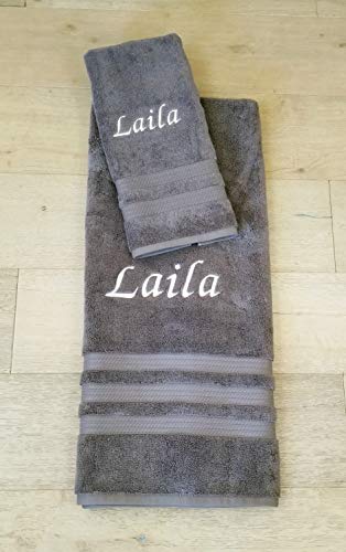 Liberty21 Luxury Embroidered Bath & Hand Towels, 100% Cotton. Custom Monogrammed Personalized Embroidered Towels. Set Includes 1 Bath Towel And 1 Hand Towel. (Grey) #TOP7