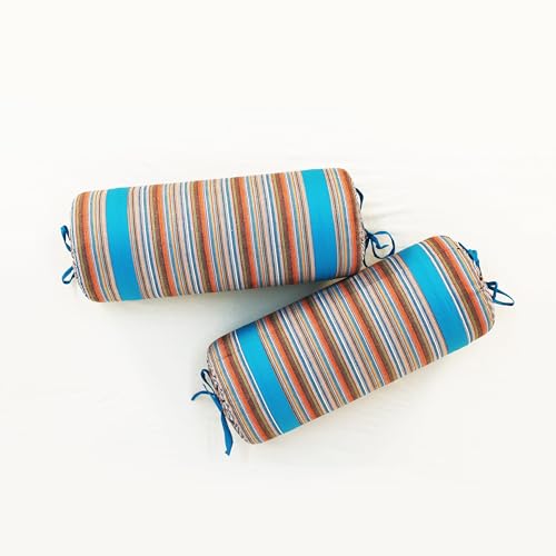 Image of AURAVE Woven Cotton 144 TC Bolster Cover with Drawstring Closure, Set of 2, Soft Breathable Durable Machine Washable for Sofa Bed & Home Decor, 15 inchx30 inch, Blue | Cover Only