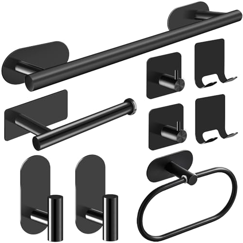 Porta Asciugamani Bagno, 9PCS Accessori Bagno Porta Asciugamani Bagno Adesivo, Set Bagno Accessori Completo con Appendi Asciugamani Bagno Porta Carta Igienica, Acciaio Inox SUS304 Set Bagno