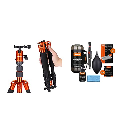 Rollei Compact Traveler No. 1 - leichtes Reisestativ aus Aluminium mit geringem Packmaß von nur 31,5 cm, Orange & Kamera…
