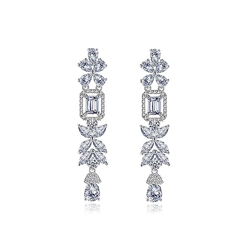 White Gold Plated Rectangle Square Shaped Crystal Wedding Bridal Bridesmaid Clear Cubic Zirconia Stud Dangle Earrings Fashion Jewelry for Adult Women