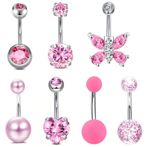 KOLZEMV Zestaw 7 kolczyków do pępka ze stali nierdzewnej 14 Gauge 10 mm Barbell Barbell piercing do pępka, kolczyk do pępka, stal chirurgiczna, sztuczny kolczyk do pępka