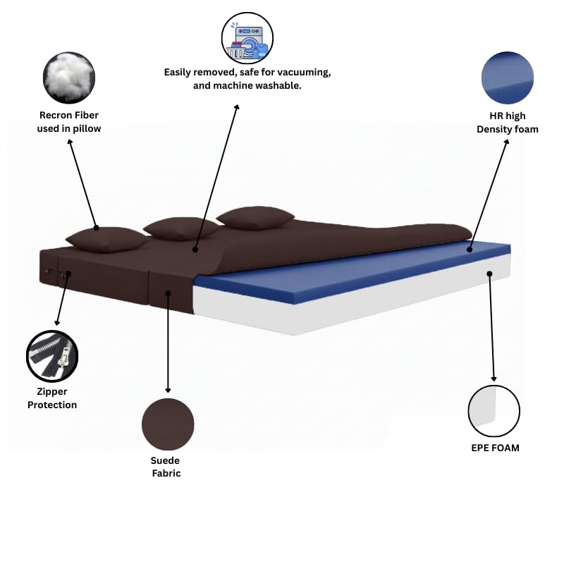 Image of AMATA Instant 3 Seater Foldable Sofa Cum Bed Brown Suede Velvet Fabric with 2 Pillow Perfect for Home Living Office Room and Guests (3 Year Warranty) (Brown, Instant 3 Seater Sofa Cum Bed)