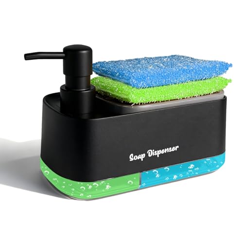 Dispensador Jabon Cocina y 2 Estropajos Antirayaduras | 3 en 1 | 360ml y 300ml | Jabonera Cocina con Uso de Una Mano y Soporte para Estropajo | Dispensador de Jabon para Encimera Cocina