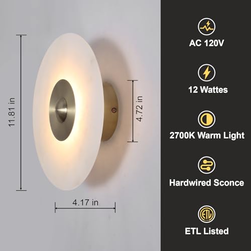 Image of 11.8 inch Round Alabaster Wall Sconce,Marble Modern Bathroom Light Fixture with Natural White Glass Shade for Bedroom, Hallway, Stairs (Hardwired)