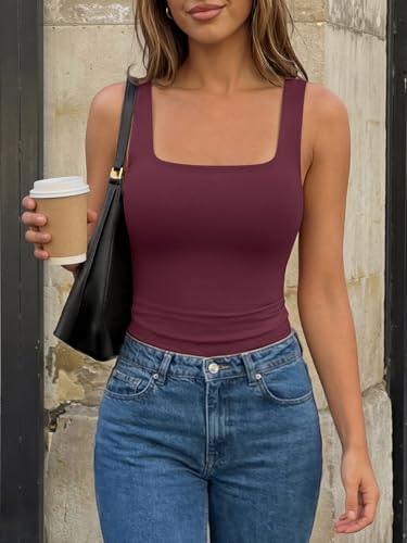 Image of Trendy Queen Women's Double Lined Square Neck Tank Top | Buttery Soft, No-Bra Friendly Slim Fit Crop Cami for Summer Layering & Casual Wear