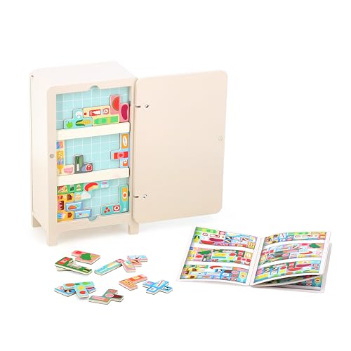 VILAC - Pack it Right Kühlschrank – Ingela P. Arrhenius – Kreativspiele – 1 Kühlschrank aus Holz + 21 magnetische Teile + 2 magnetische Holzablagen – Spiele aus Holz – ab 5 Jahren – 7640