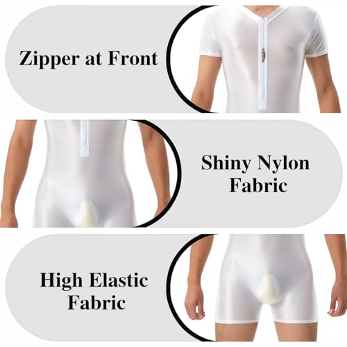Männer-Bodysuit mit Ölglanz-Effekt, Kurzarm-Ringenanzüge mit Reißverschluss vorne, Einteiler-Formstrick-Leotard mit hoher Elastizität nahtlosem Design, Einfarbige Figurbetonte Unitard Freizeit-Overall
